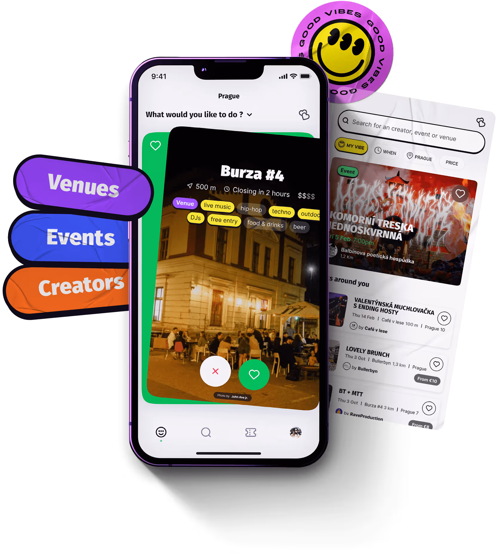 Discover best events and venues around based on your vibe.