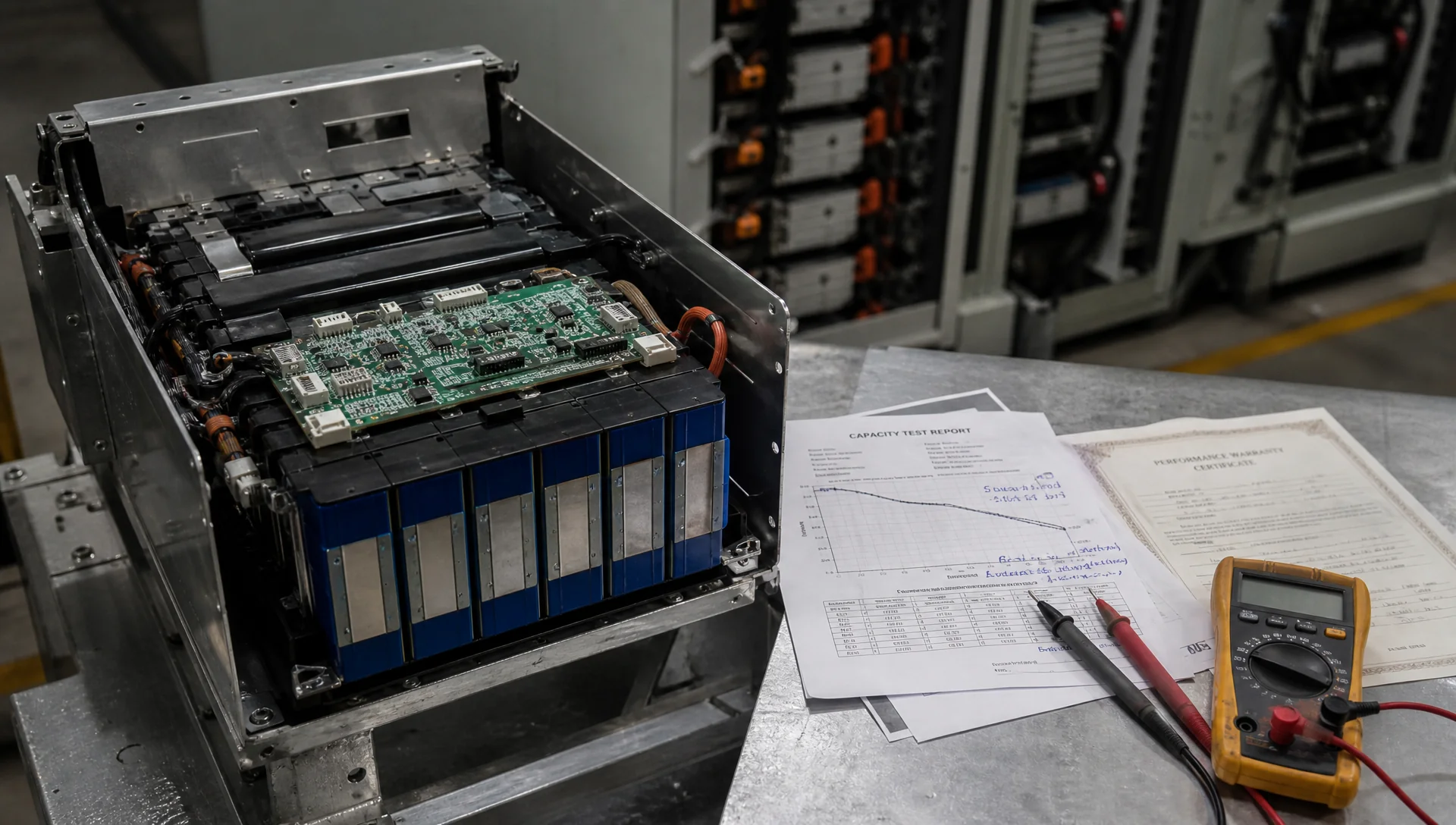 Modulo di un BESS aperto su banco tecnico, accanto al report di collaudo che ne certifica durata, garanzia e degradazione