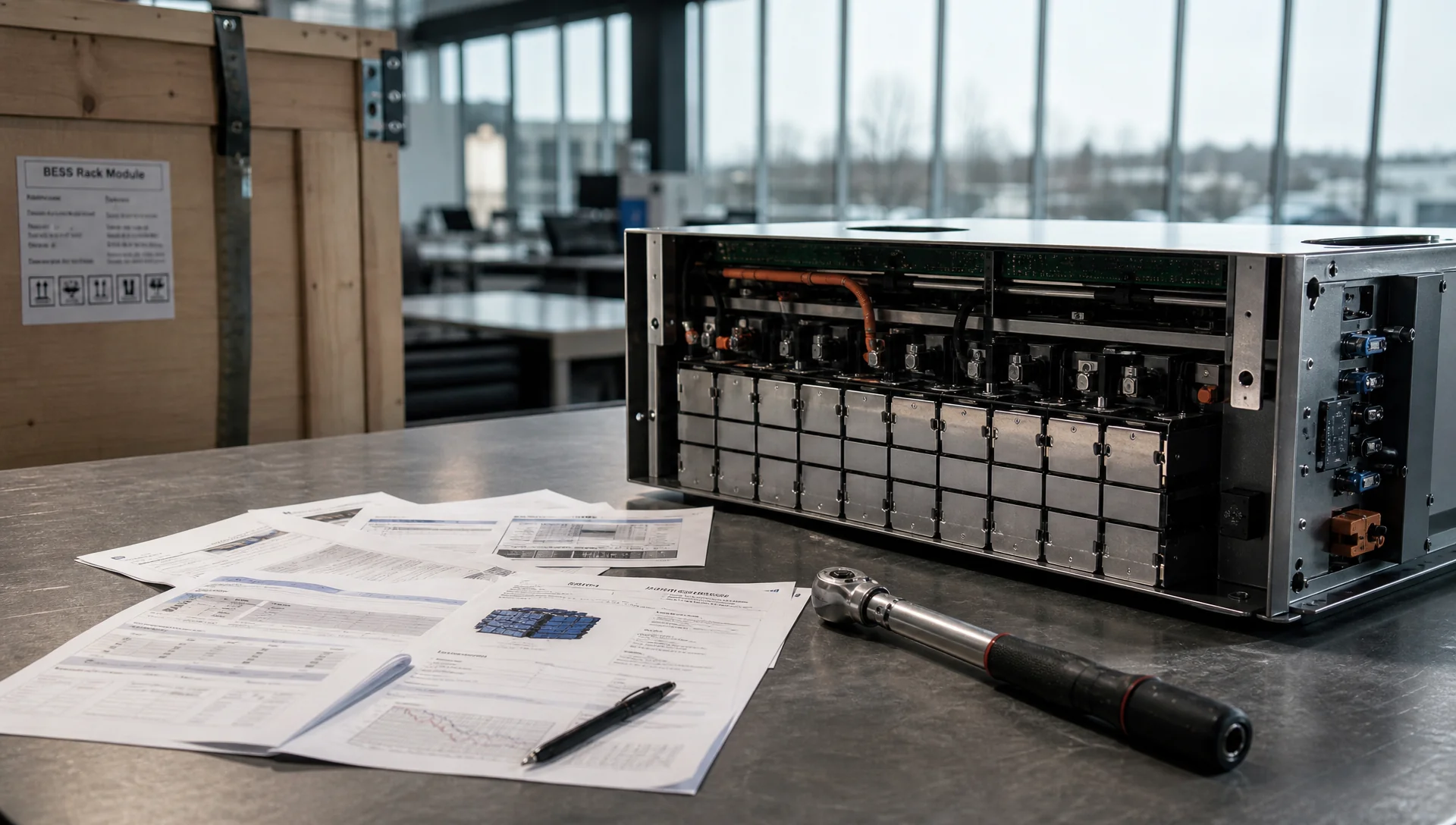 Modulo BESS industriale aperto su banco con le schede tecniche dei migliori produttori a confronto