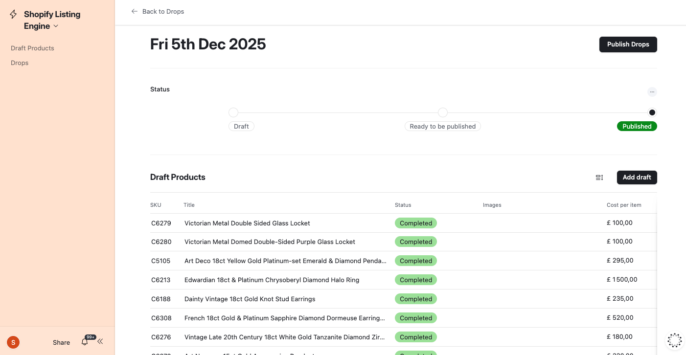 Lillicoco's drop details page in Airtable for the 5th December 2025 drop — publish controls and the full list of included products.