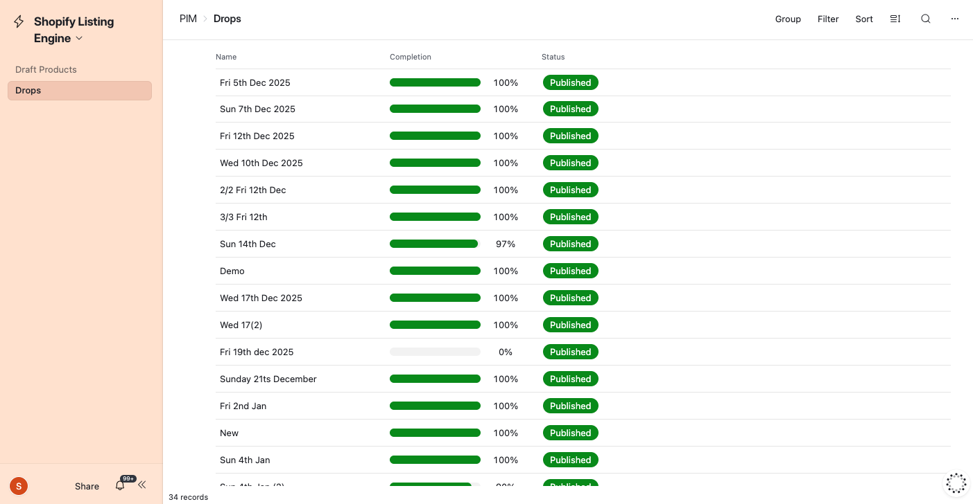 Lillicoco's drops list in Airtable — every weekly Shopify drop with completion progress and published status.