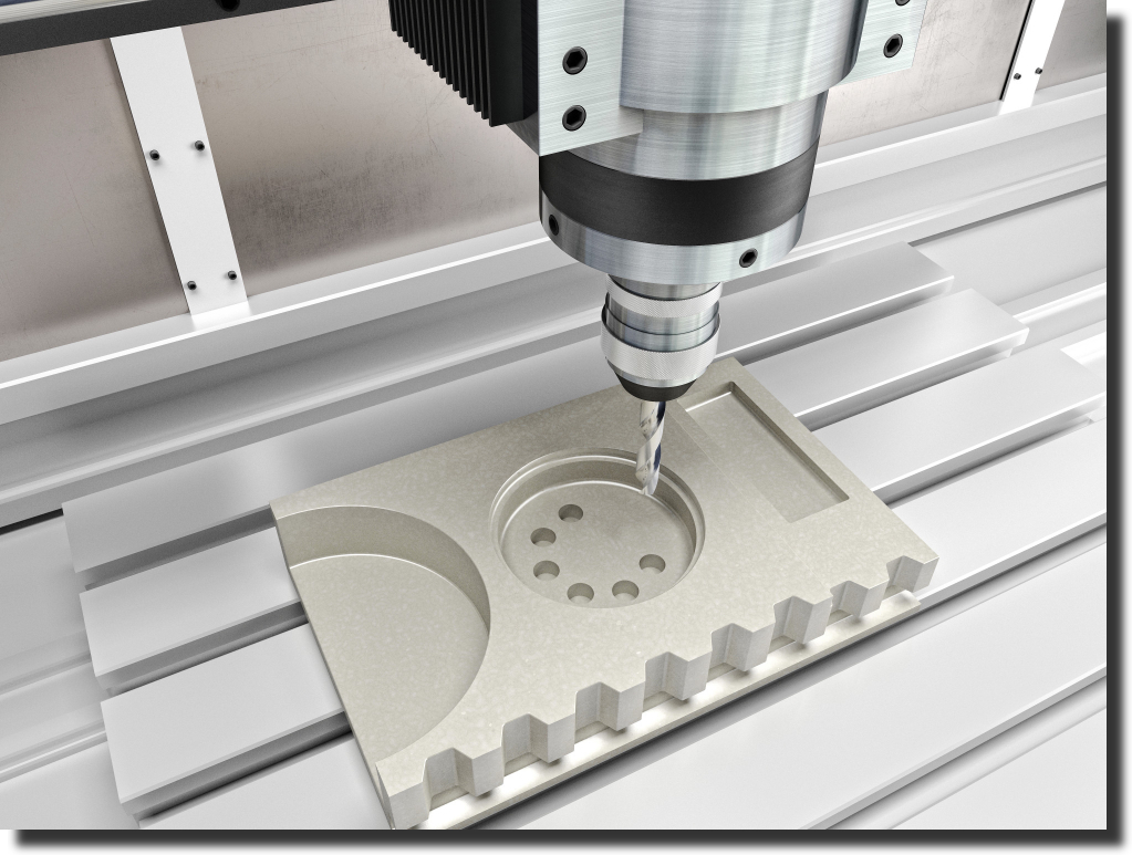 CNC machine cutting an aluminum mold blank; precision composite tooling in action during mold-making phase of advanced composite tooling design.