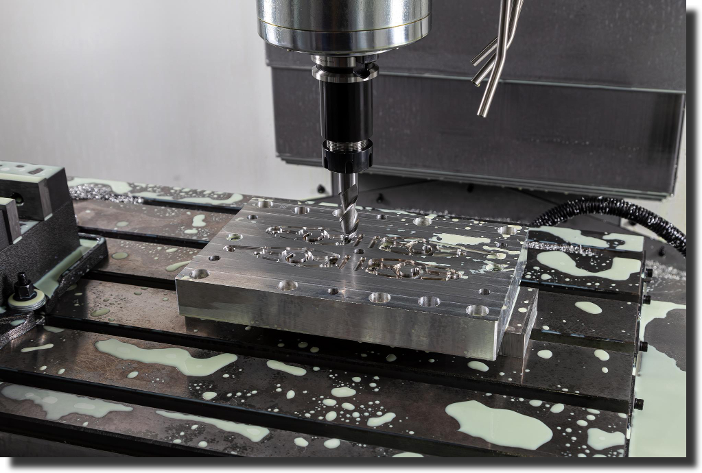 CNC mill machining an aluminum mold block; metal stage in advanced composite tooling design for high-precision composite tooling manufacturers.