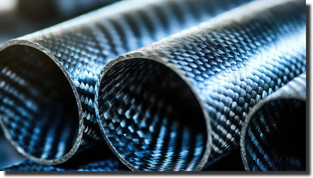 Close-up of braided carbon fiber tubes beside an aluminum fixture; visual reference for carbon fiber density vs aluminum