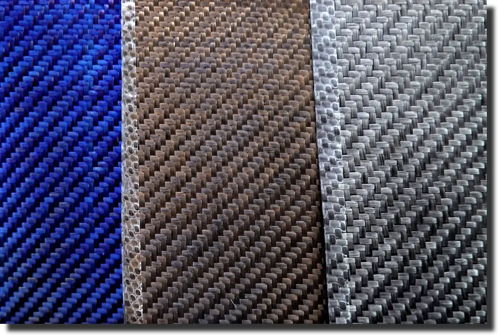 Panels showing types of carbon fiber weave: blue, brown, gray sheets with plain/twill textures for drape and orientation