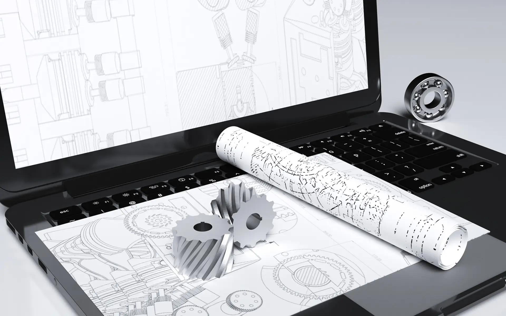 CAD laptop with mechanical drawings and gears illustrating design for manufacturability and cost in early design manufacturing stages