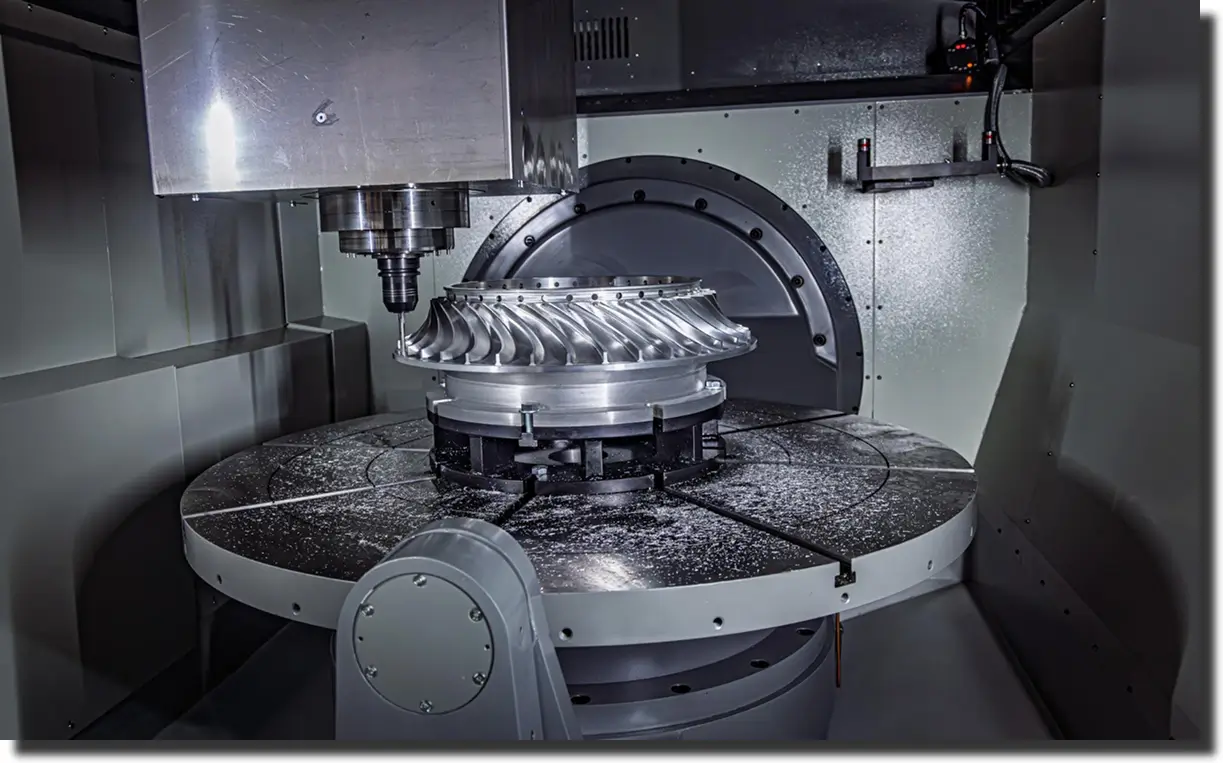 CNC milling an aluminum impeller on a 5-axis machine, illustrating design for manufacturability and cost in metal production.