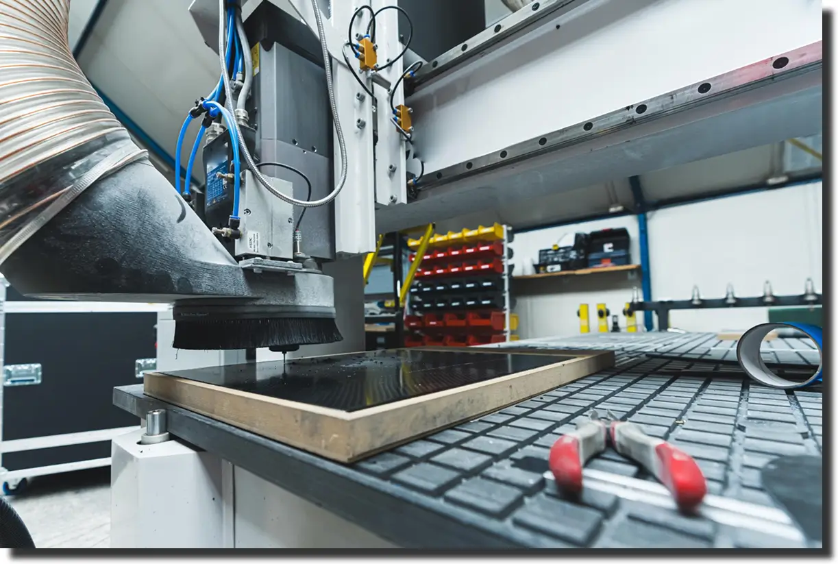CNC router trimming a carbon fiber panel with dust extraction, showing design manufacturing steps in a DFM workflow.