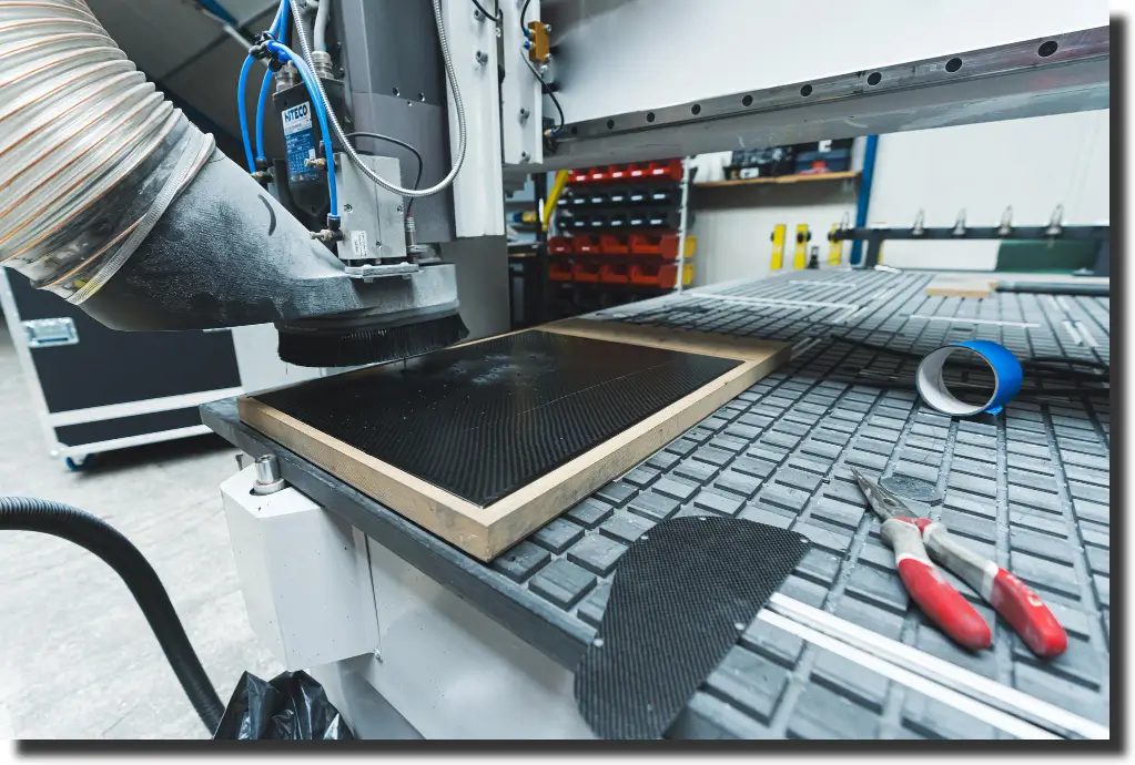 CNC machine trimming a carbon fiber panel as part of the carbon fiber prepreg manufacturing process.