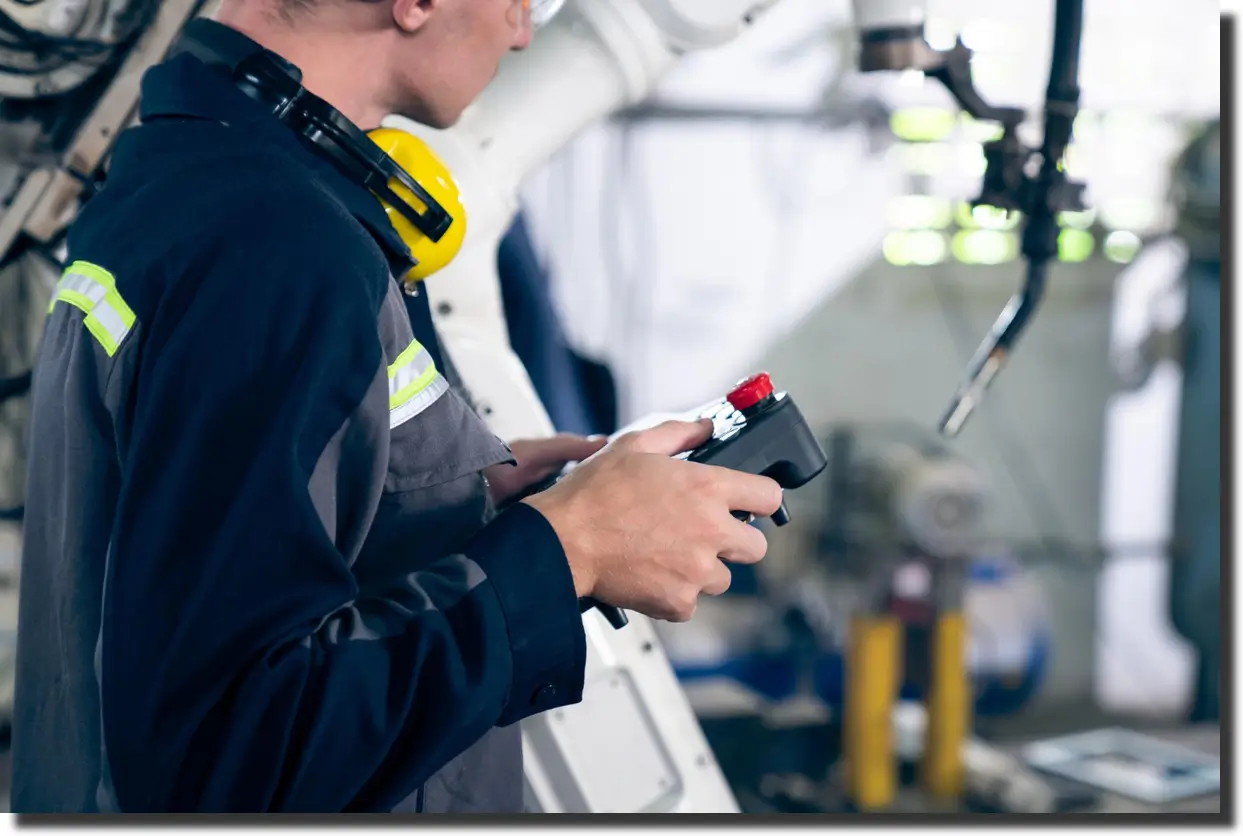 Factory technician operating equipment for composite material inspection planning and production quality control