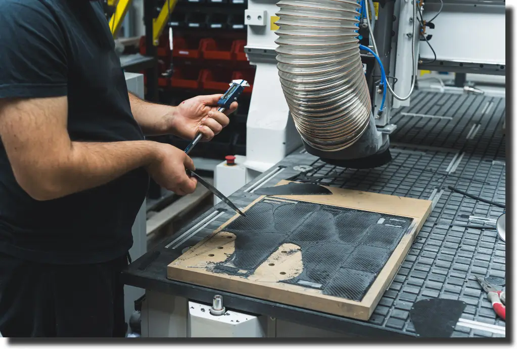 Technician trimming a molded composite part as part of machining carbon fiber composites after curing