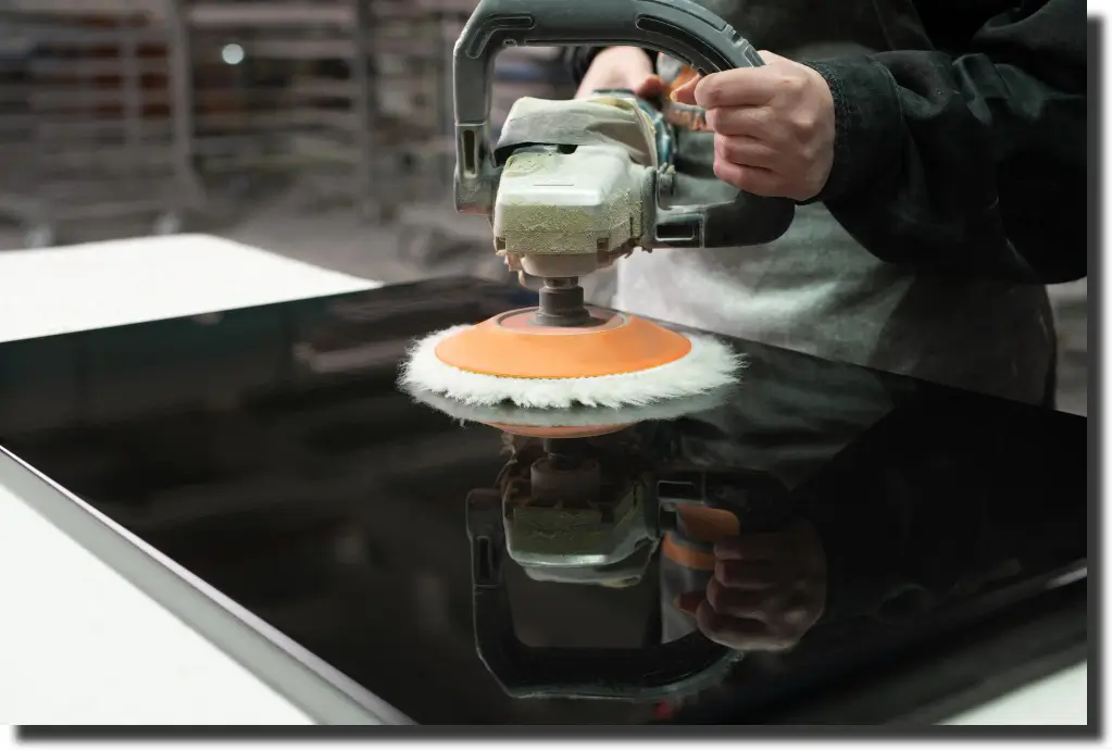 Technician polishing a glossy carbon surface after coating carbon fiber for a smooth production-ready finish