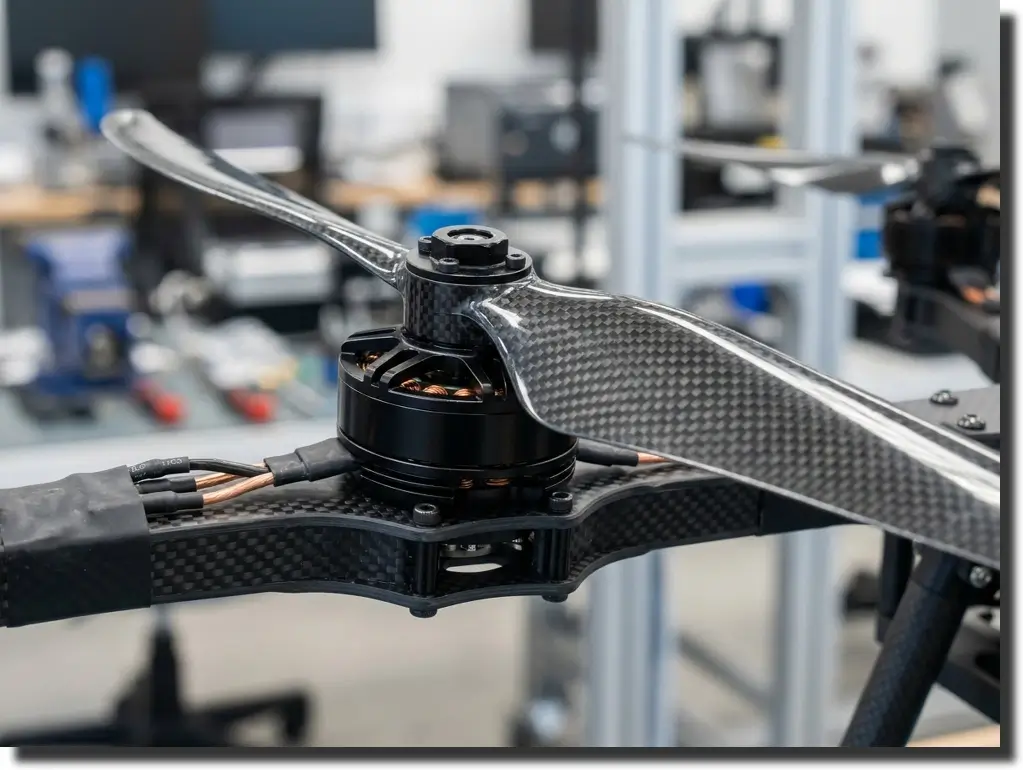 Carbon fiber drone propeller assembly showing carbon fiber finish requirements for functional parts