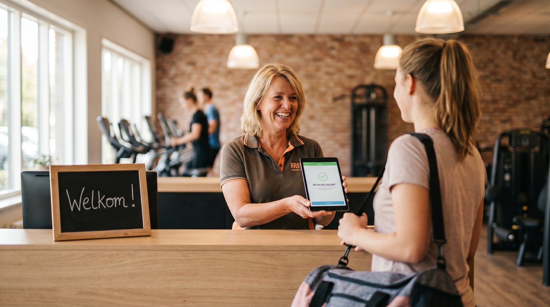 Sportschooleigenaar achter de balie past een welkomstkorting toe in AppyBee