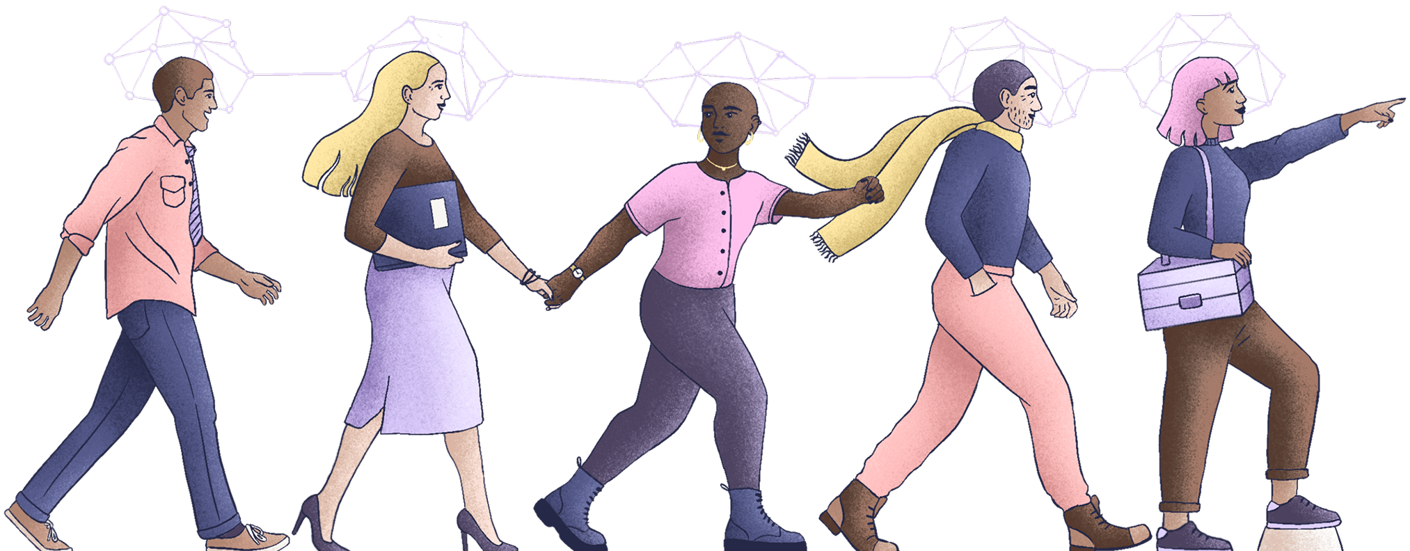Illustration de cinq personnes marchant en file, toutes reliées par des connexions géométriques sur la tête symbolisant la communication ou la connexion mentale. Deux personnes du milieu se tiennent la main, et la personne la plus à droite pointe vers l'avant.