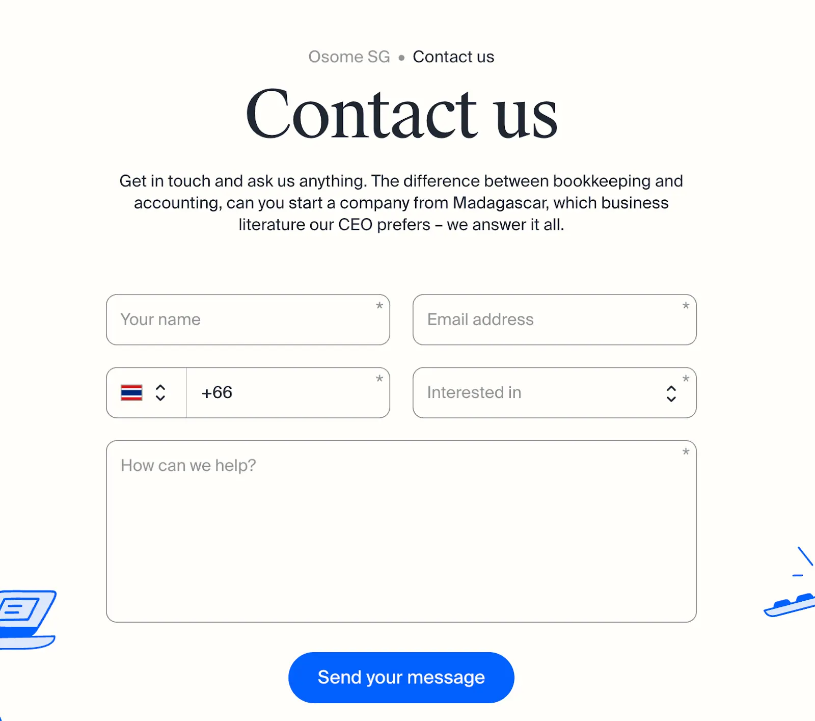 Minimal contact form by Osome SG with short fields demonstrating a low-friction B2B UX that improves lead submissions.