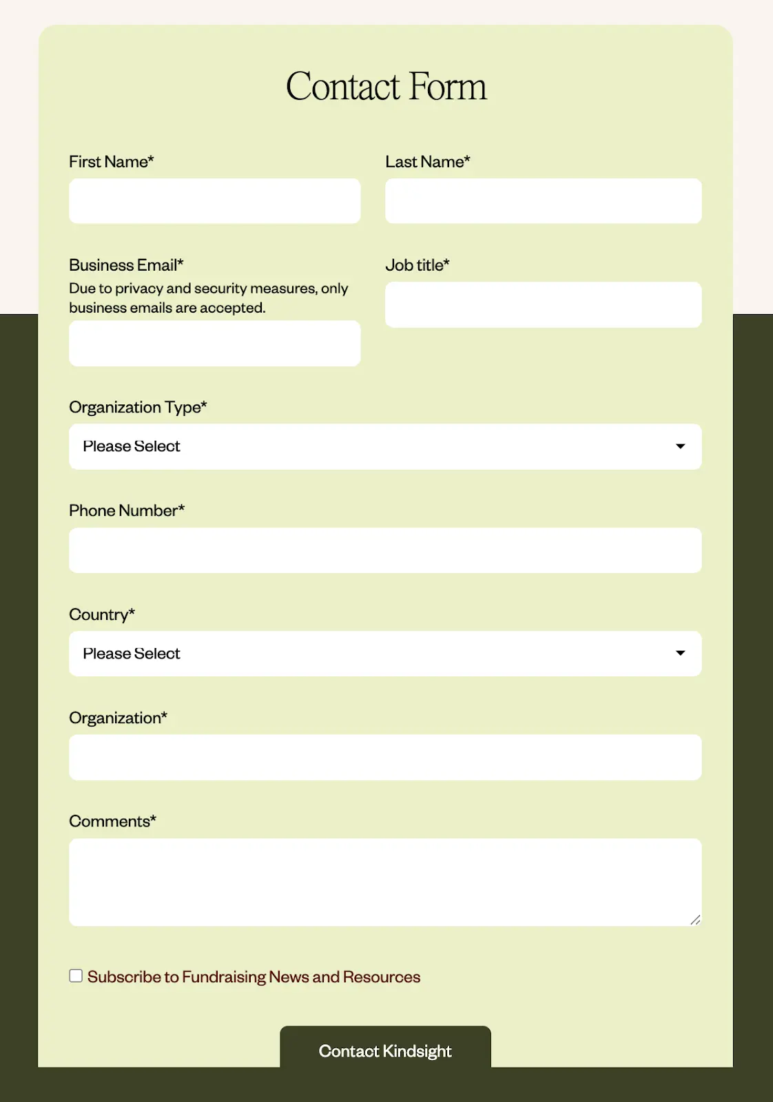 Long multi-field form by Kindsight showing how excessive questions increase friction and reduce contact-page conversions.