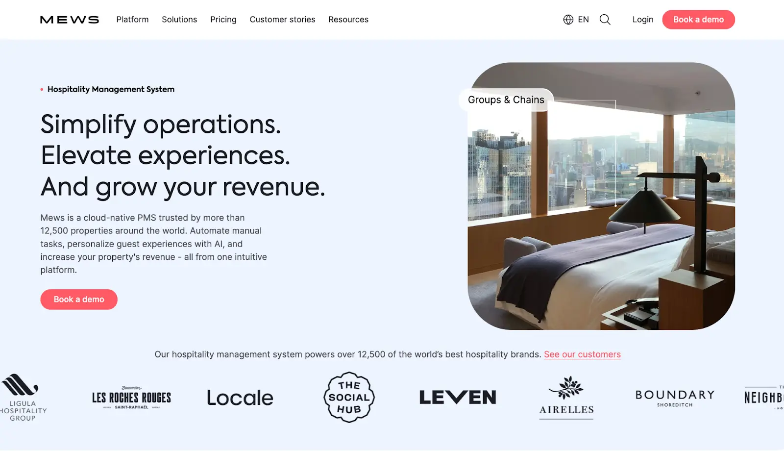 Hero section for Mews PMS featuring a modern hotel room and benefit-led messaging to demonstrate value in B2B hospitality UX design.