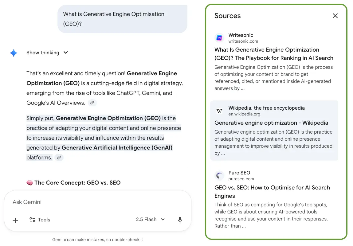 Gemini Search interface with an AI-generated summary of “what is GEO?” and side links to explore original sources.