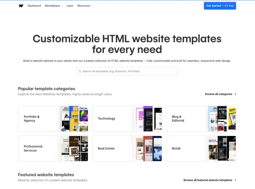 Webflow’s template library showcasing customisable, HTML-based designs for advanced, scalable site builds.