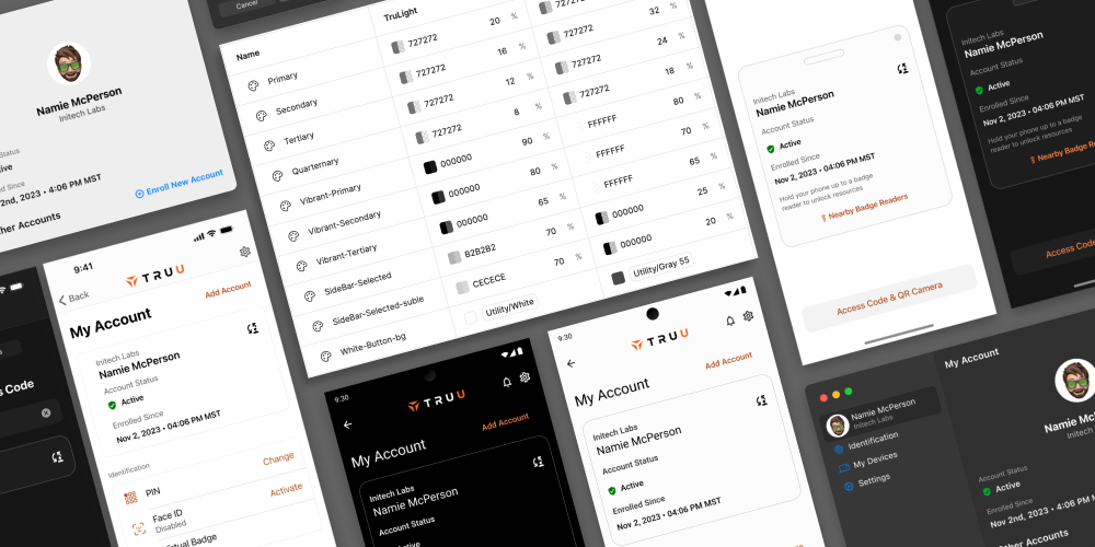 Collage of various UI comps for macOS, Windows, iOS, Android, as well as color styes arranged in Figma's variable system