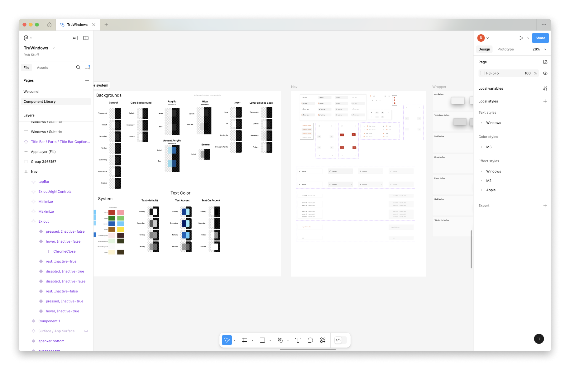 Screenshot of the Windows component library in figma. There are a lot of buttons, nav bars, color styles, text styles, and other standard 