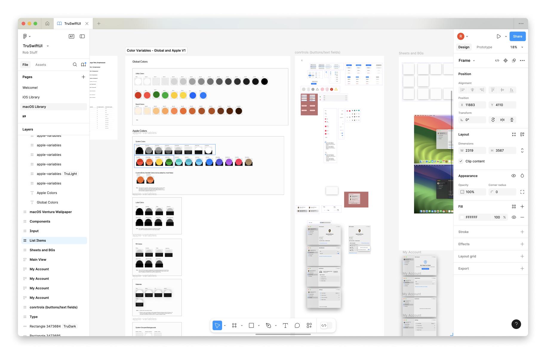 Screenshot of the macOS component library in figma. There are a lot of buttons, nav bars, color styles, text styles, and other standard 