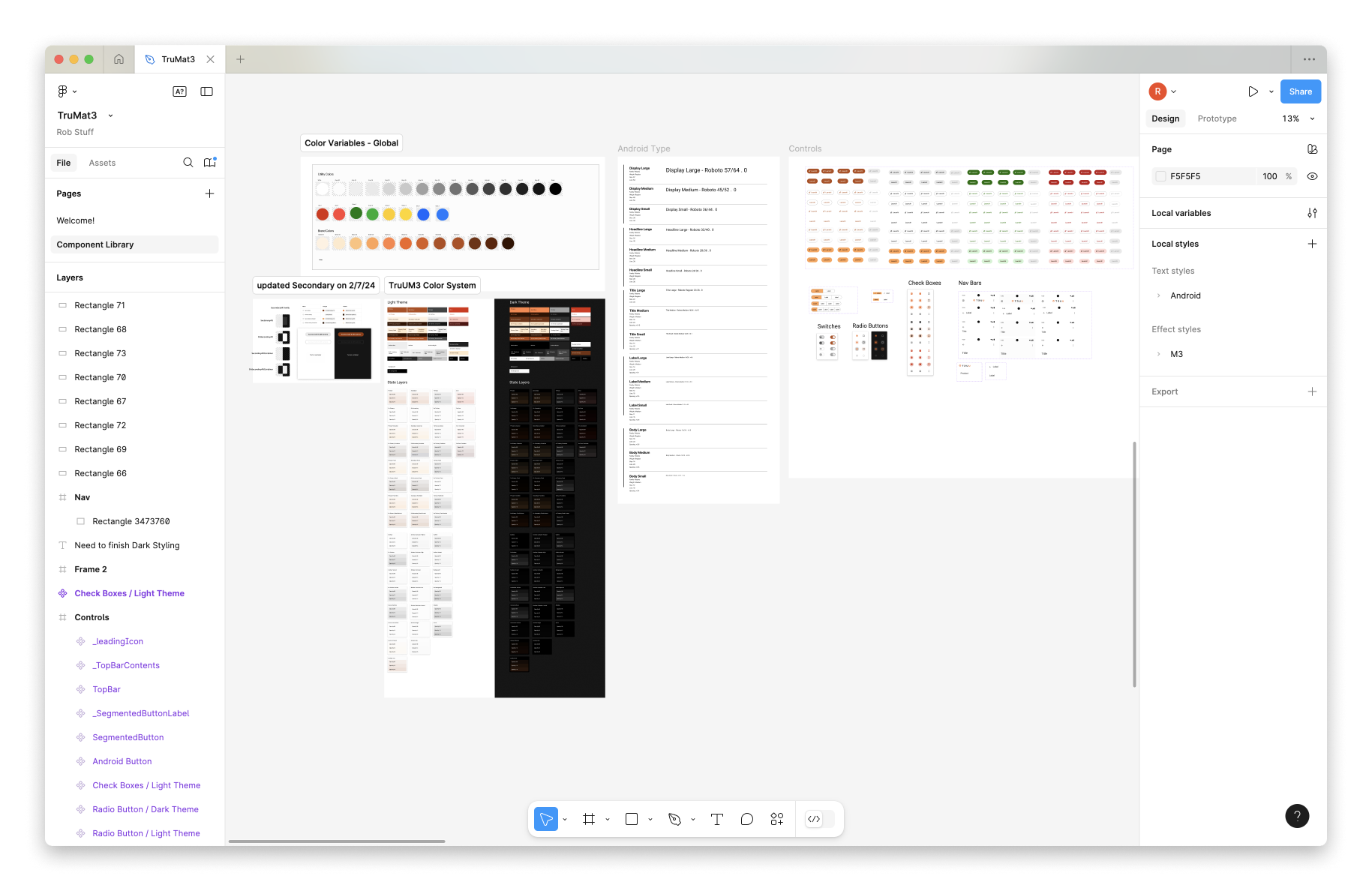 Screenshot of the Android component library in figma. There are a lot of buttons, nav bars, color styles, text styles, and other standard 