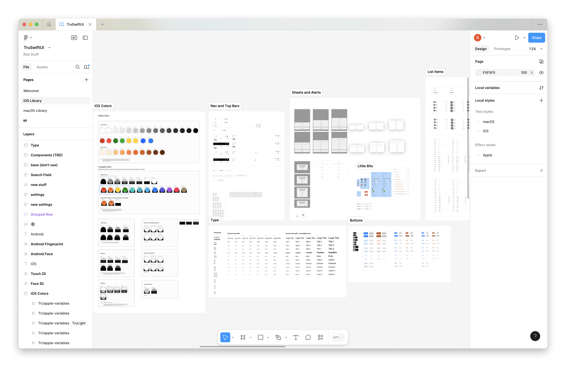 Screenshot of the iOS component library in figma. There are a lot of buttons, nav bars, color styles, text styles, and other standard UI elements.