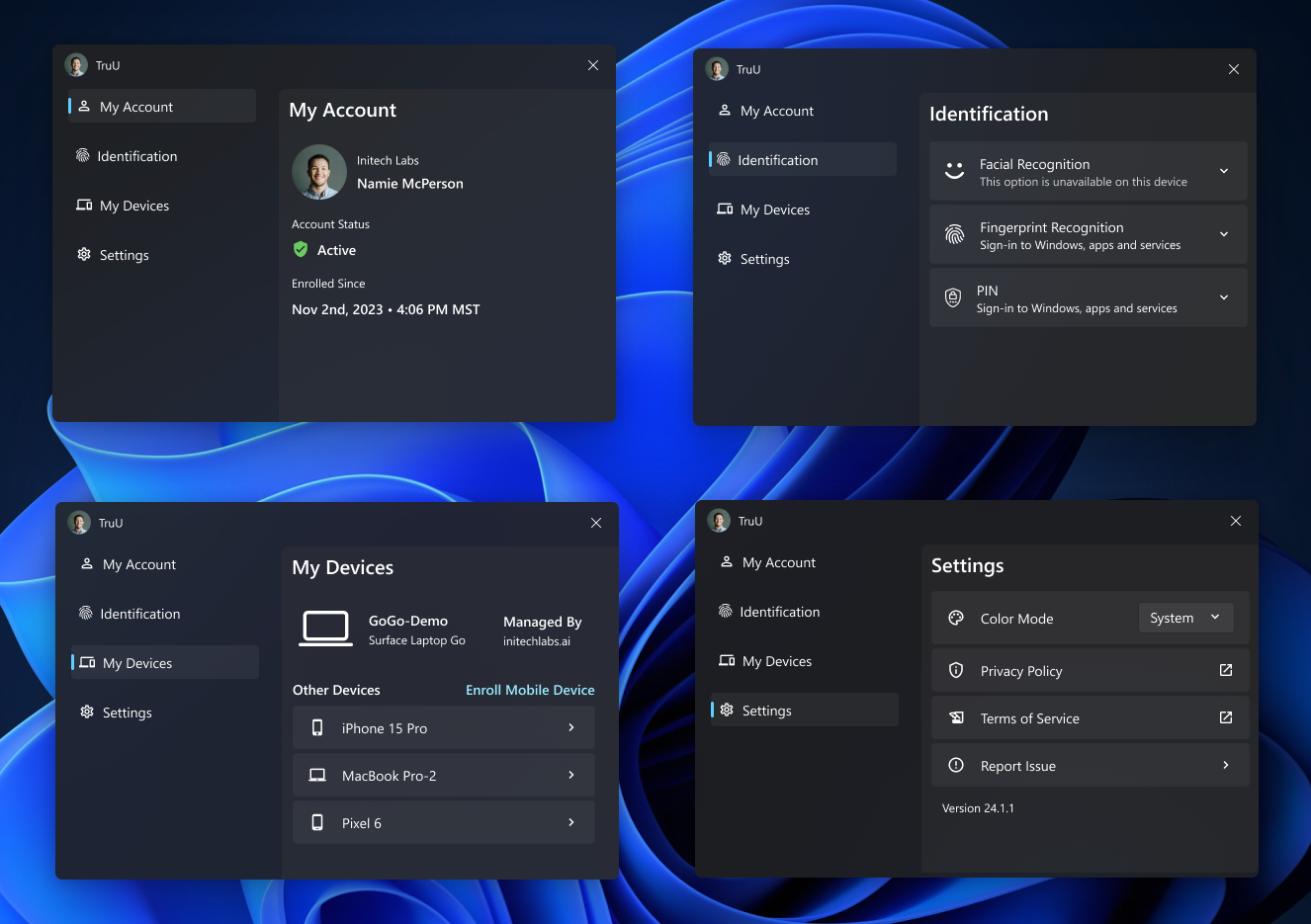 Comps of the Windows Authenticator app in dark theme showing 4 versions corresponding to each of the 4 nav items on the left.