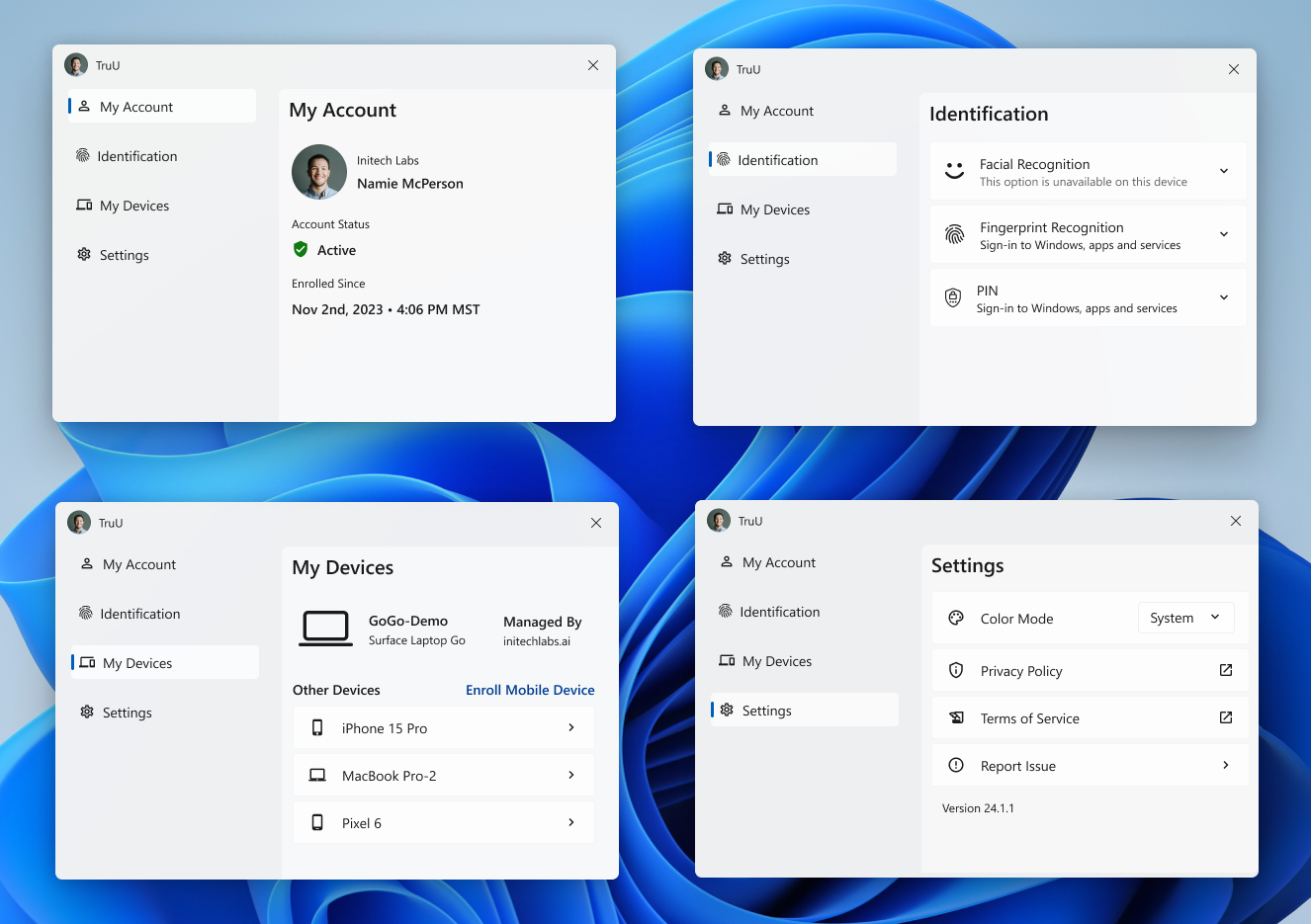 Comps of the Windows Authenticator app in light theme showing 4 versions corresponding to each of the 4 nav items on the left.