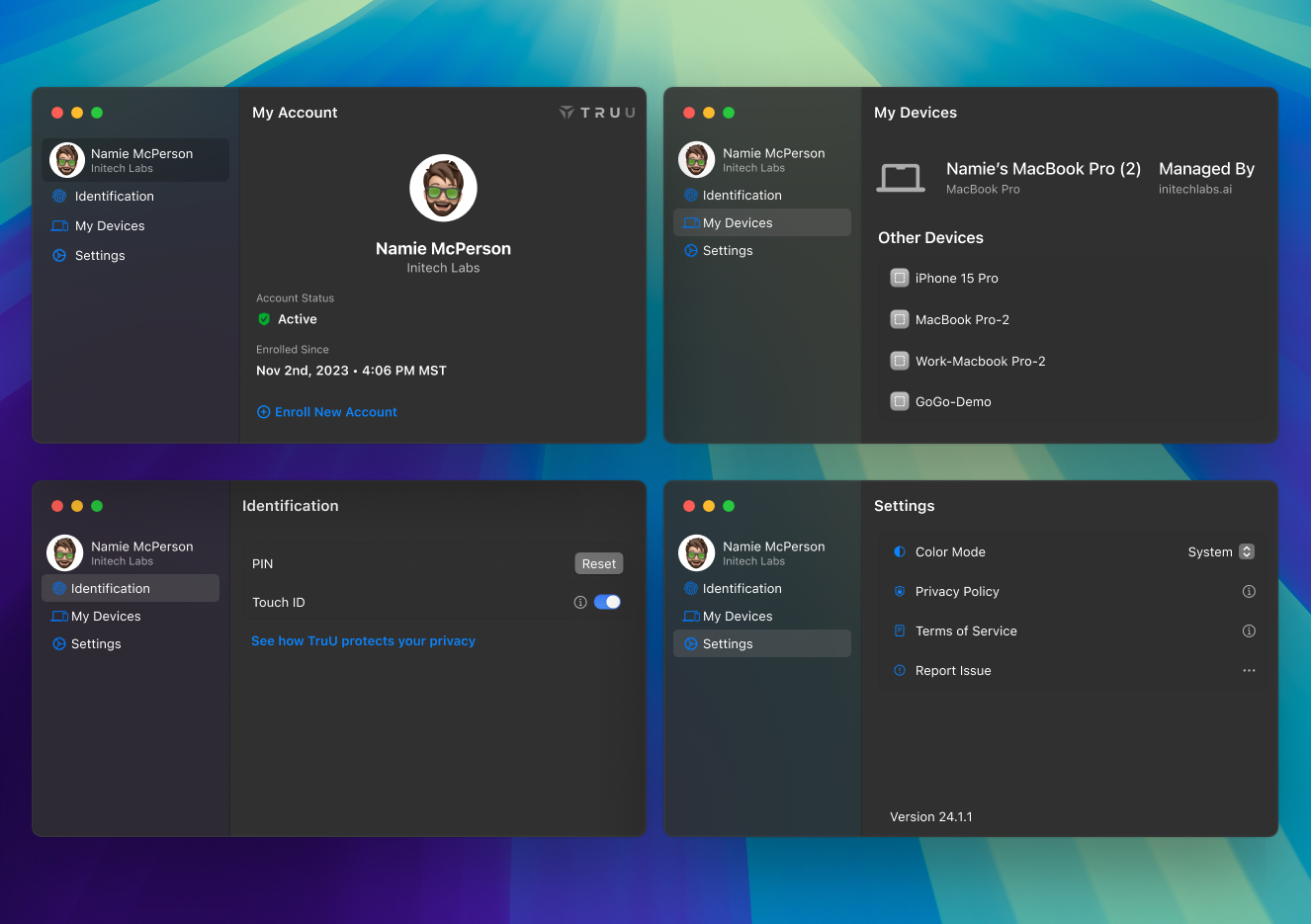 Comps of the macOS Authenticator in dark theme app showing 4 versions corresponding to each of the 4 nav items on the left.