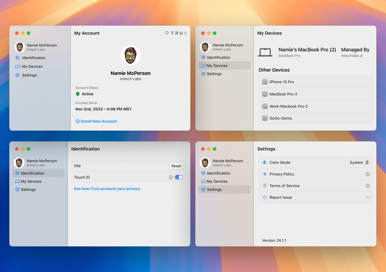 Comps of the macOS Authenticator app in light theme showing 4 versions corresponding to each of the 4 nav items on the left.
