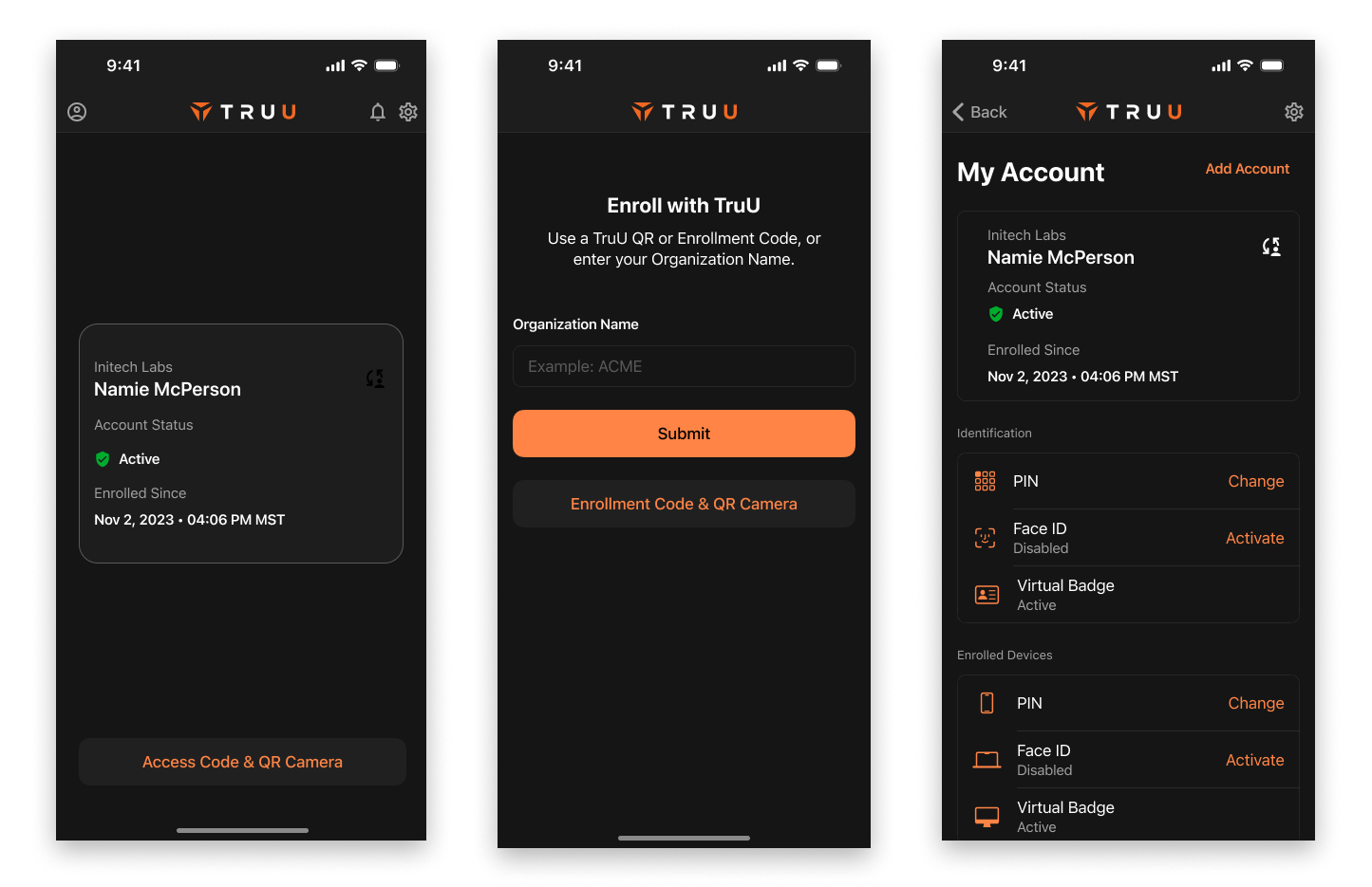 Three UI comps of new, fresh looking iOS dark theme screens. A "welcome to TrUU"screen, the app home page, and the My Account page.