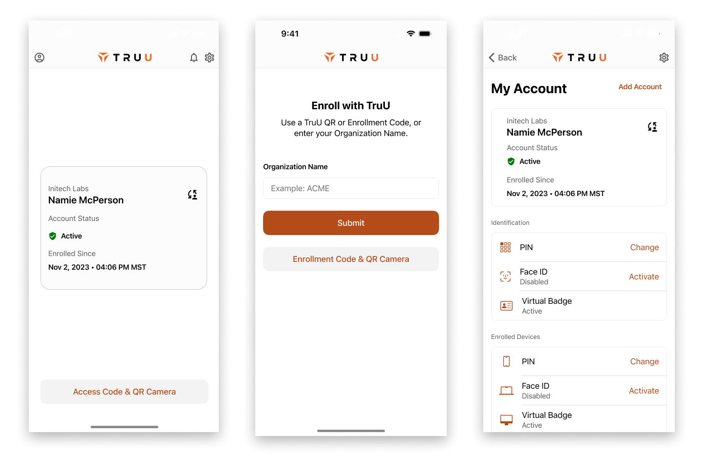 Three UI comps of new, fresh looking iOS light theme screens. A "welcome to TrUU"screen, the app home page, and the My Account page.