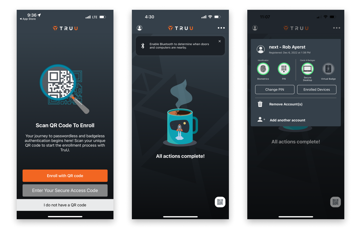 Three UI comps of dated, bad looking iOS dark theme screens. A "welcome to TrUU"screen, the app home page, and the My Account page.