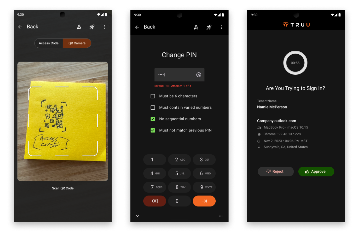 Three UI comps of android dark theme screens. A QR reader camera, a PIN reset, and an authentication approval screen.