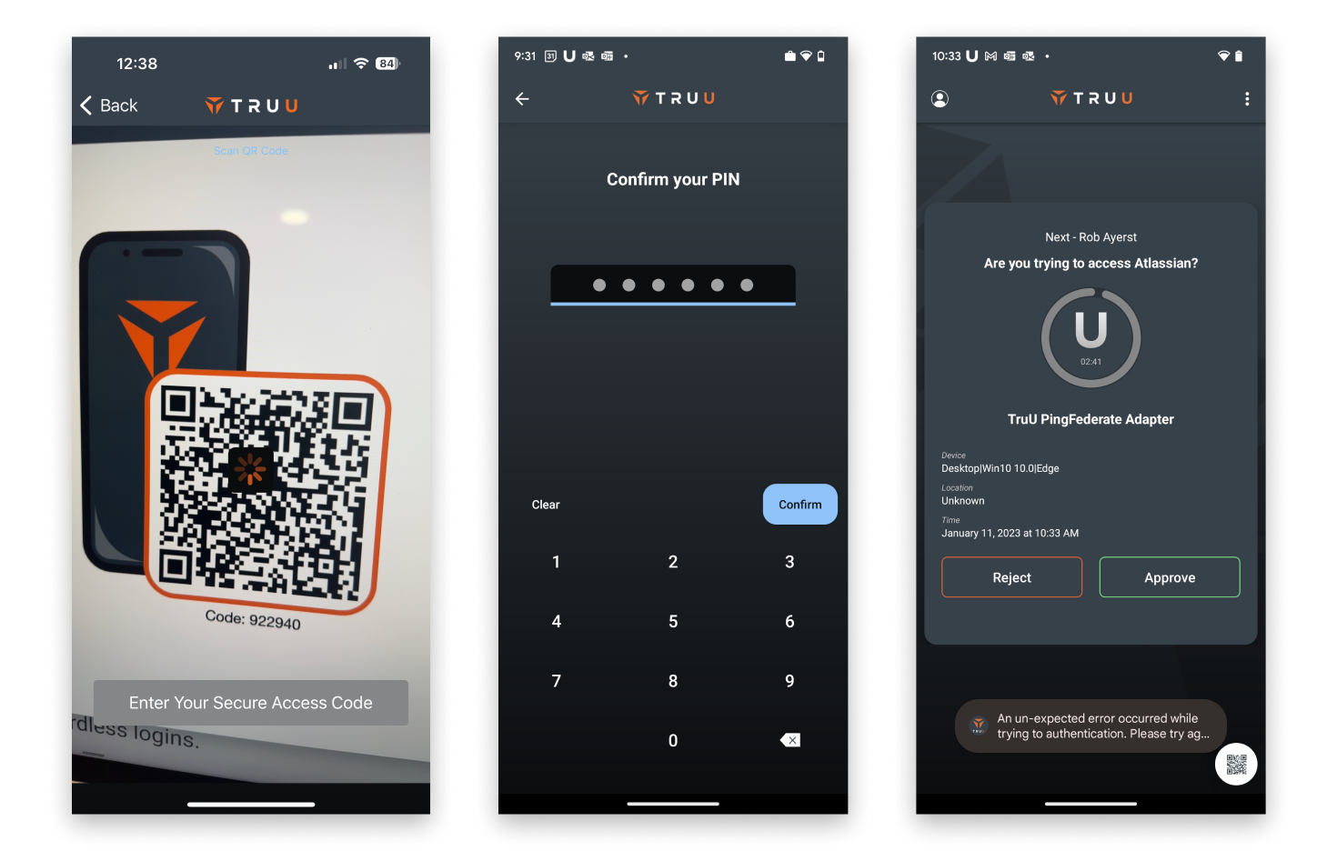 Three UI comps of old, bad looking android dark theme screens. A QR reader camera, a PIN reset, and an authentication approval screen.