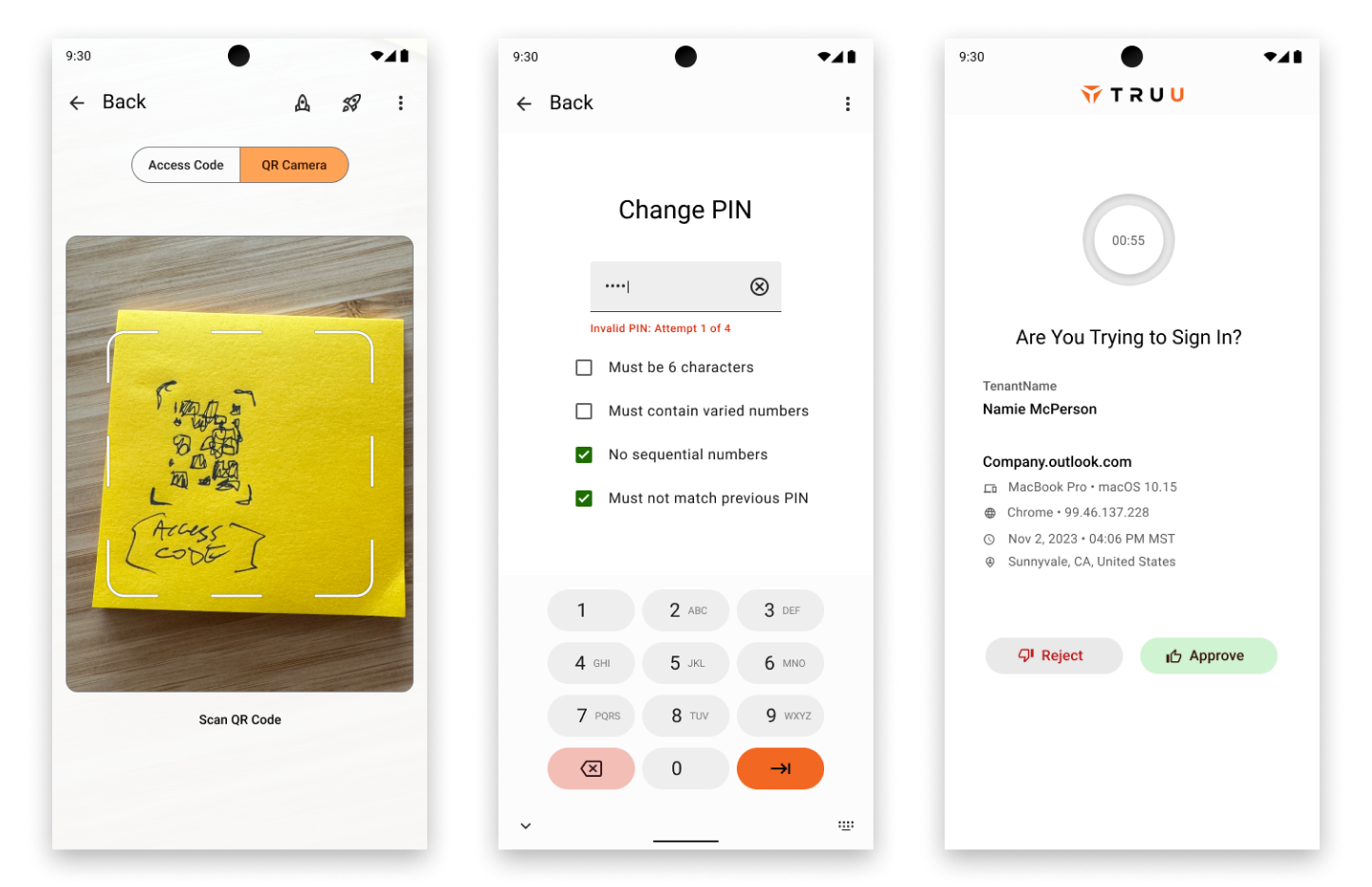 Three UI comps of android light theme screens. A QR reader camera, a PIN reset, and an authentication approval screen.