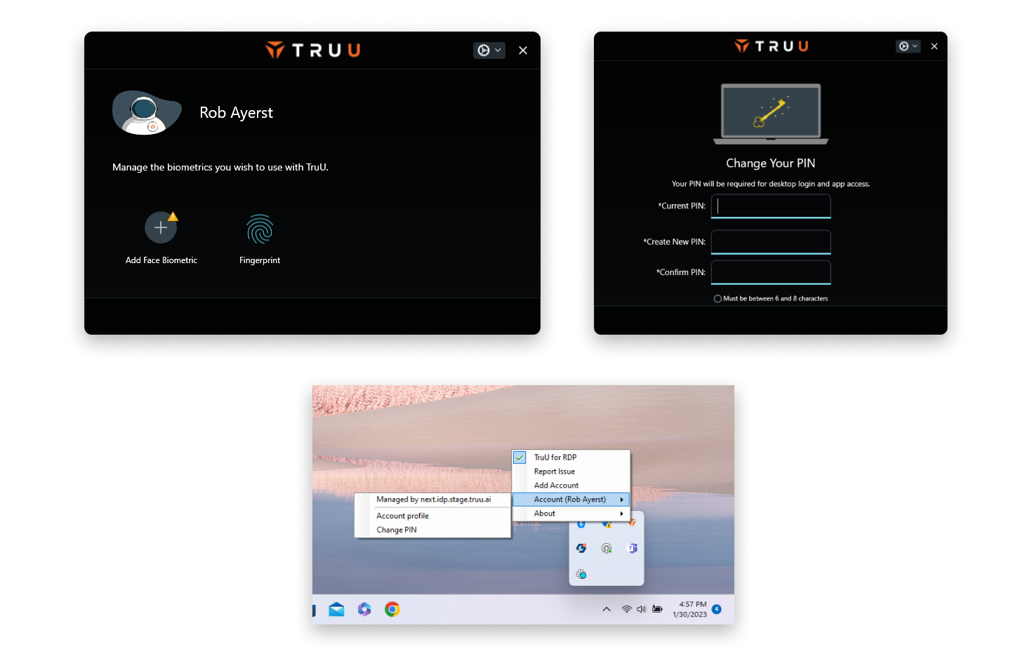 Screenshots of the before state of the windows app. There are three bits of UI shown. Two black windows with blue accents and a system tray fly out menu in light theme.