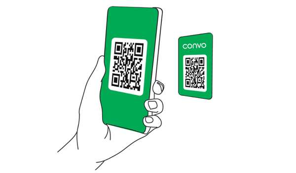 Illustration of a phone scanning the Convo Access green sticker, featuring a black-and-white QR code.