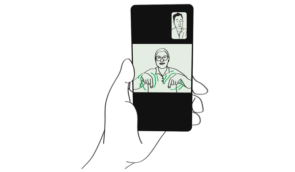 Illustration of a Deaf person holding a phone, with a sign language interpreter appearing on the screen and a Deaf man shown in a small video window in the top-right corner.