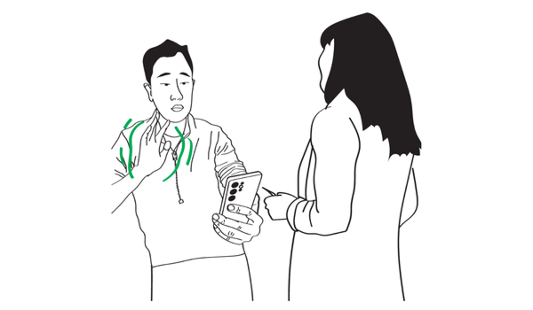 Illustration of a Deaf man holding a phone and signing while chatting with a hearing woman with long black hair.