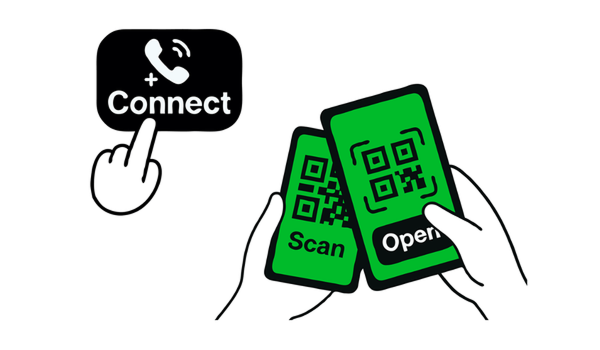 An illustration showing the “Connect” button in Convo Access. A Deaf person displays the button on their phone, while a hearing person scans it with their phone and taps “Open”.
