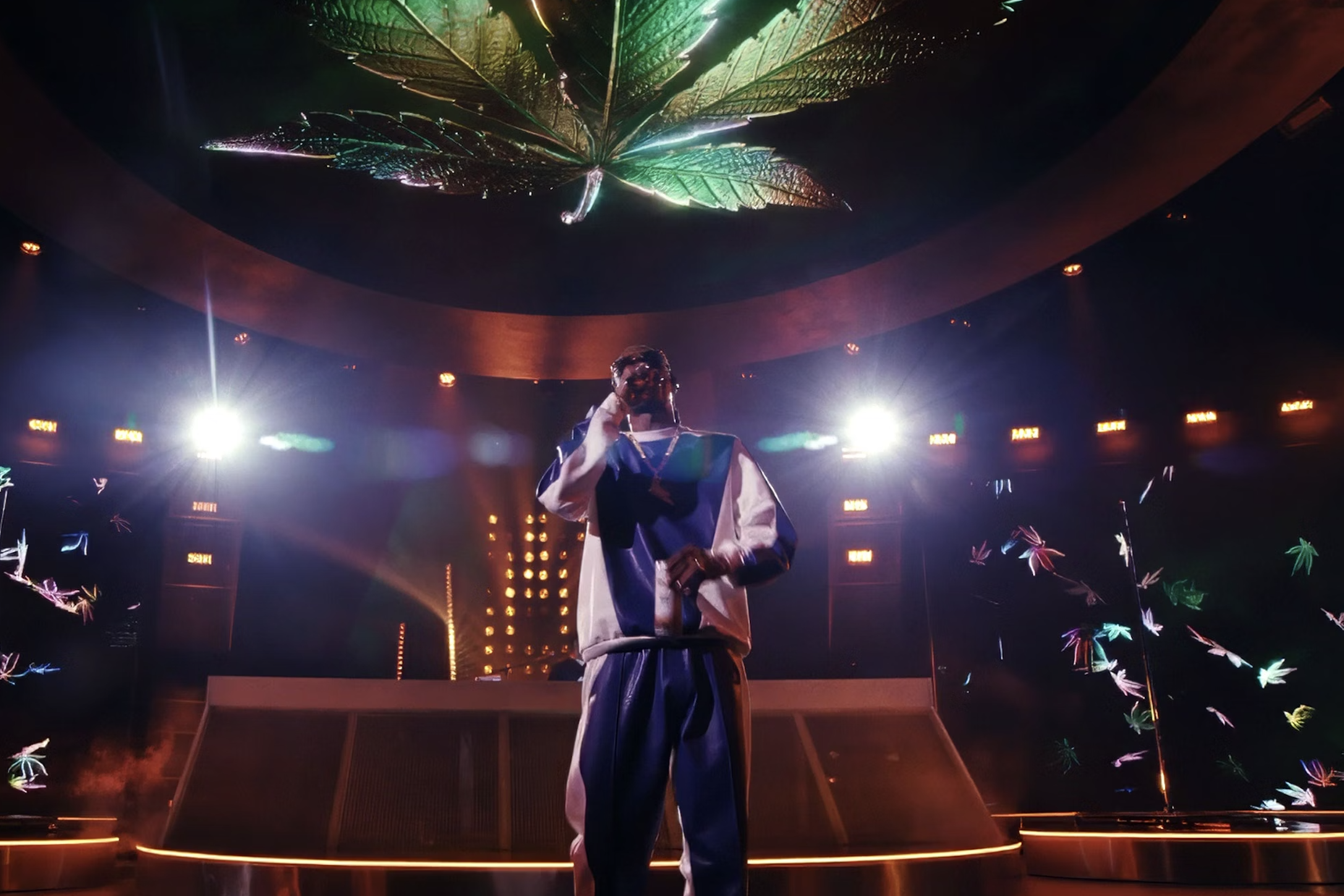 Performer on stage with dramatic lighting, large leaf and scattered colorful shapes