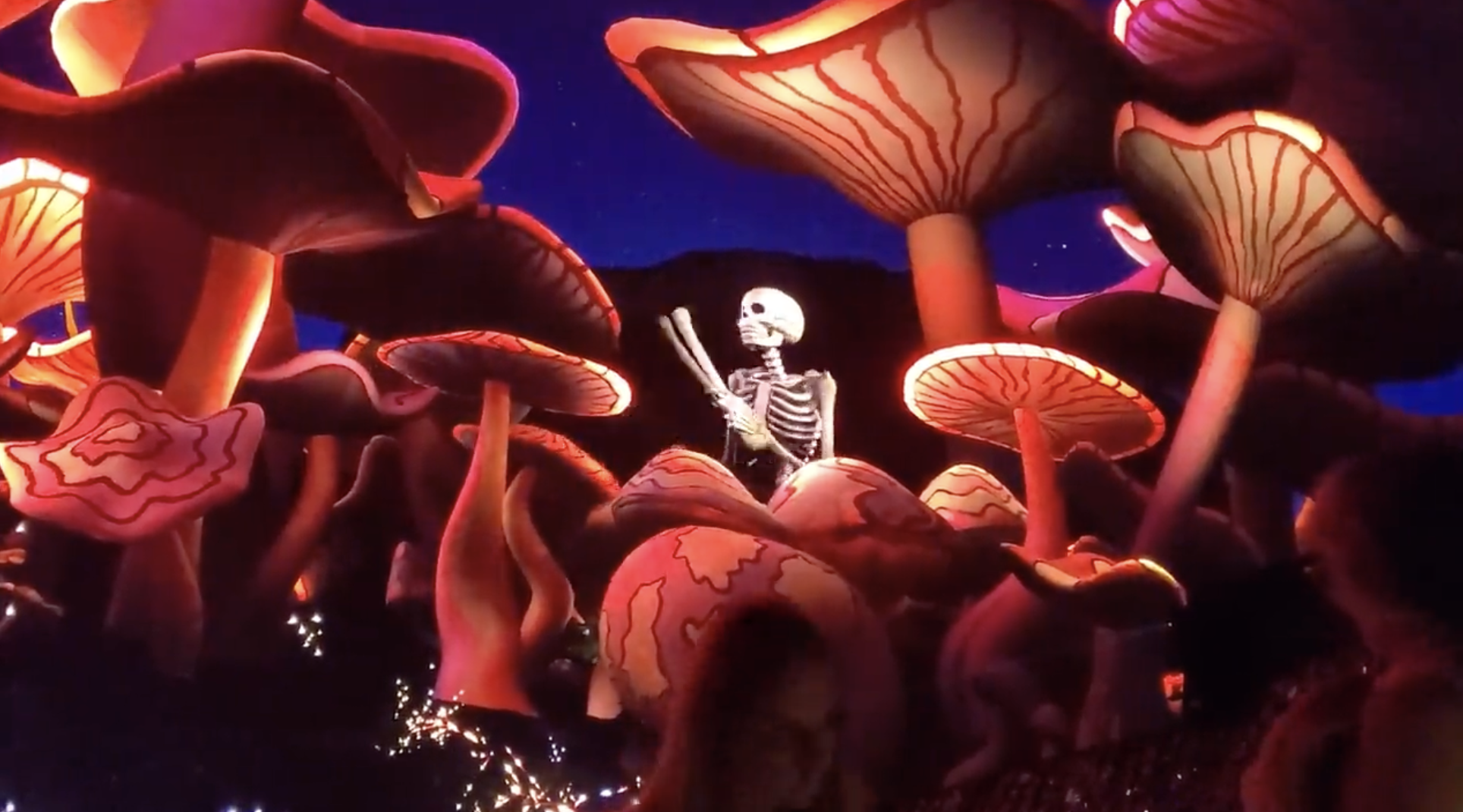 Skeleton sitting among glowing red giant mushrooms in surreal landscape