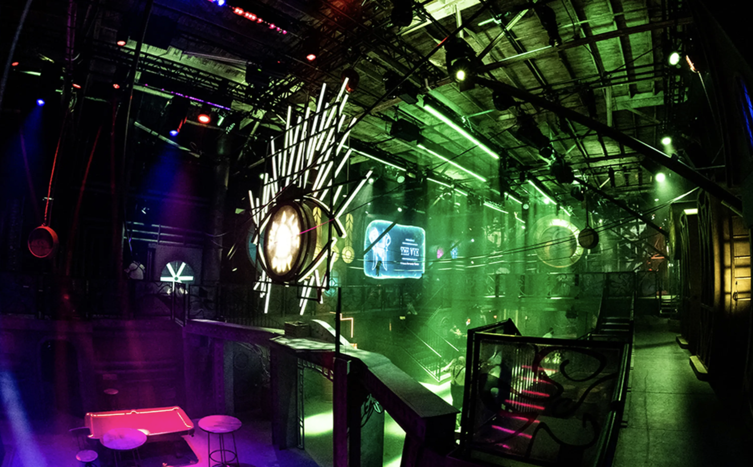 Futuristic sci-fi interior with green and purple neon lighting