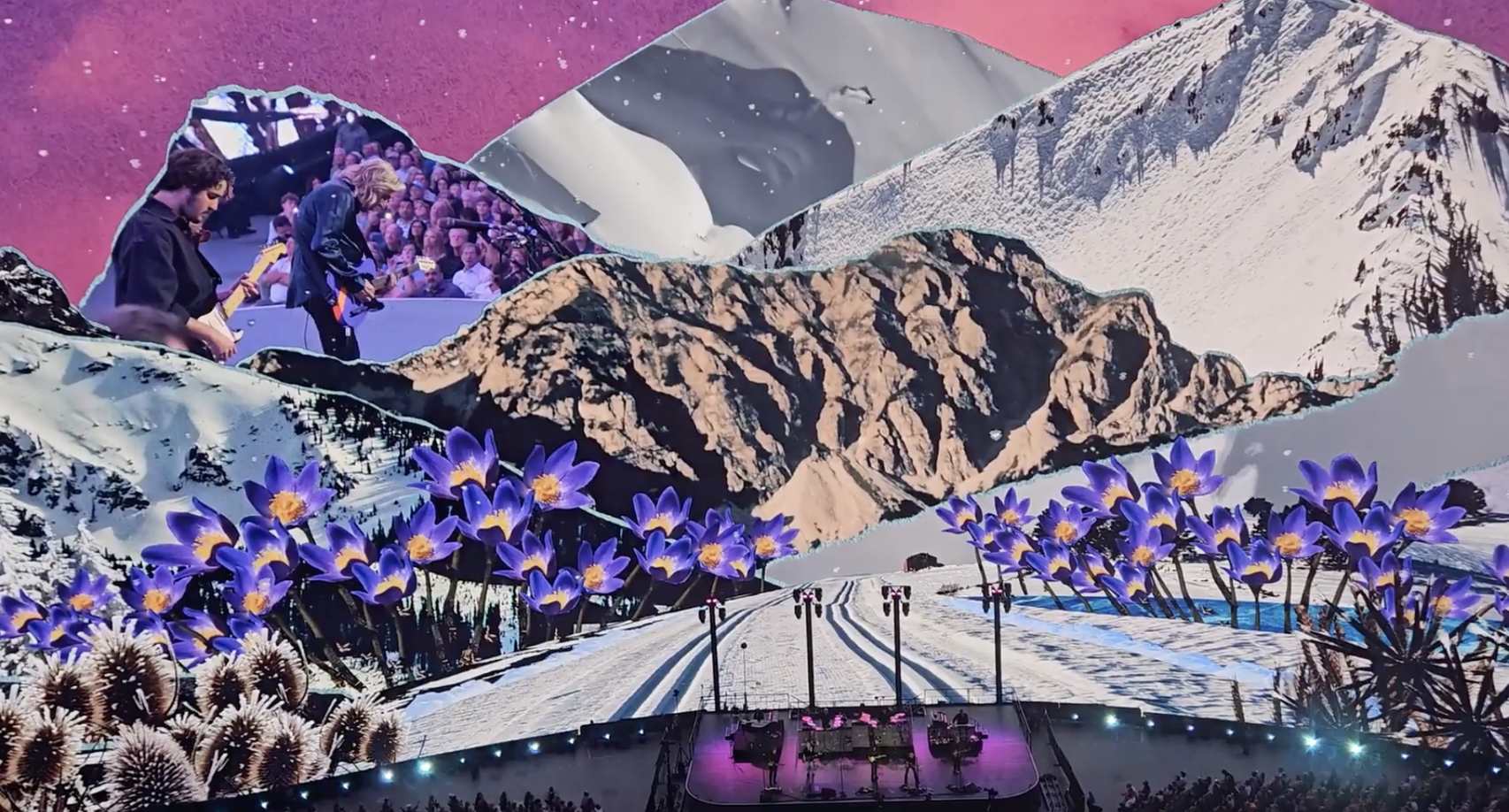 Concert stage with mountain landscape, purple flowers, and snowy peaks