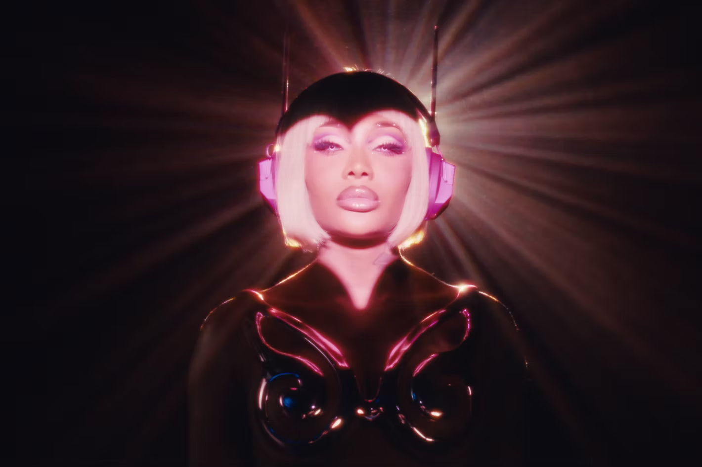 Futuristic portrait of a person with pink headphones and glowing radial light