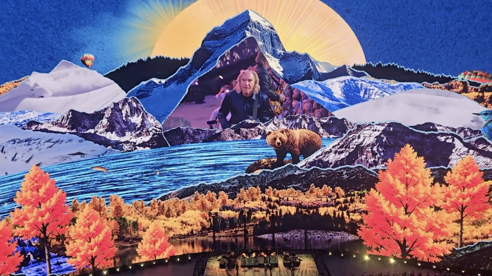 Surreal landscape with snowy mountains, bear, autumn trees, and hot air balloons